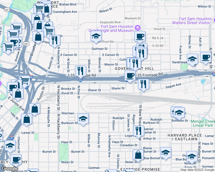 map of restaurants, bars, coffee shops, grocery stores, and more near 1922 Interstate 35 in San Antonio