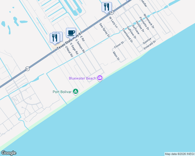 map of restaurants, bars, coffee shops, grocery stores, and more near 1122 Blue Water Drive in Bolivar Peninsula
