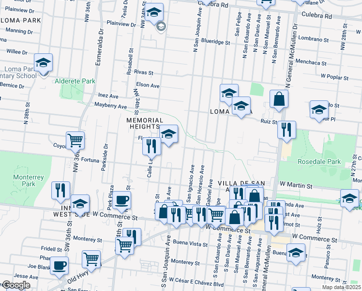 map of restaurants, bars, coffee shops, grocery stores, and more near 301 North San Joaquin Avenue in San Antonio