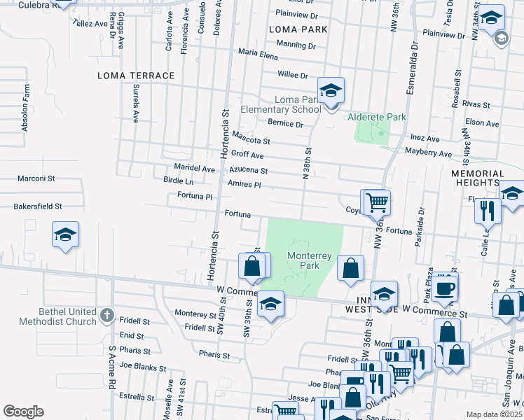 map of restaurants, bars, coffee shops, grocery stores, and more near 4615 Fortuna Street in San Antonio