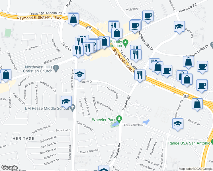 map of restaurants, bars, coffee shops, grocery stores, and more near 9315 Mimosa Manor in San Antonio