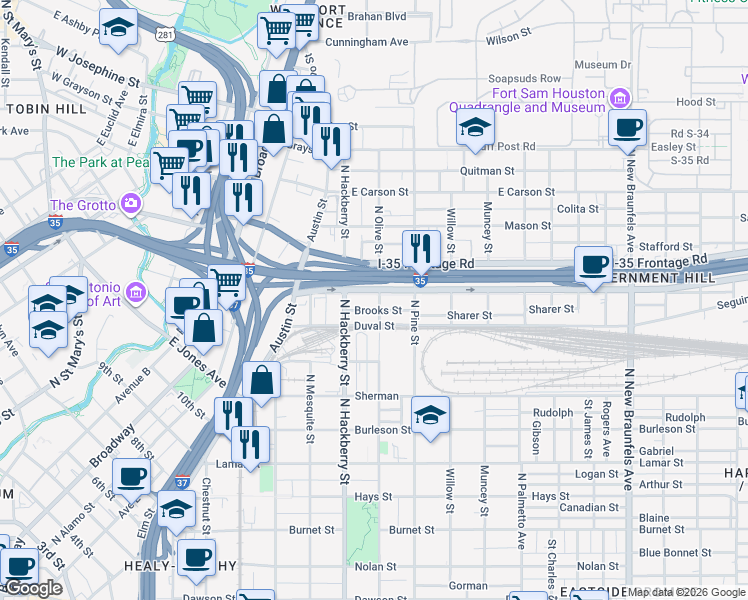 map of restaurants, bars, coffee shops, grocery stores, and more near 1421 North Olive Street in San Antonio