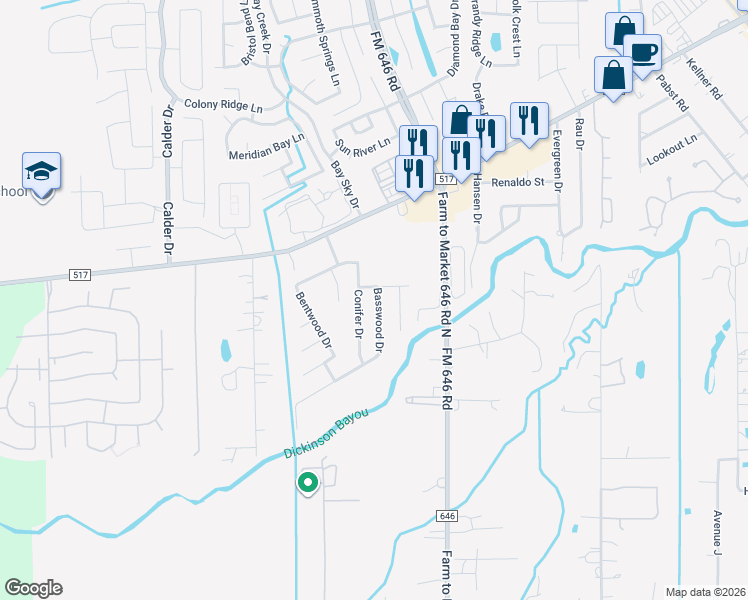map of restaurants, bars, coffee shops, grocery stores, and more near 4032 Basswood Drive in Dickinson