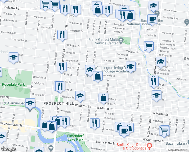 map of restaurants, bars, coffee shops, grocery stores, and more near 2123 Ruiz Street in San Antonio