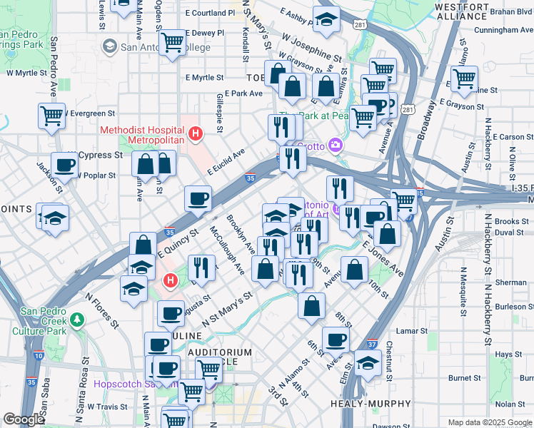 map of restaurants, bars, coffee shops, grocery stores, and more near 801 Camden Street in San Antonio