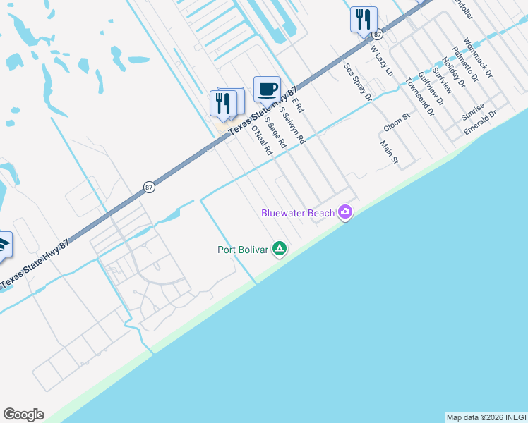 map of restaurants, bars, coffee shops, grocery stores, and more near 877 South Tinkle Lane in Bolivar Peninsula