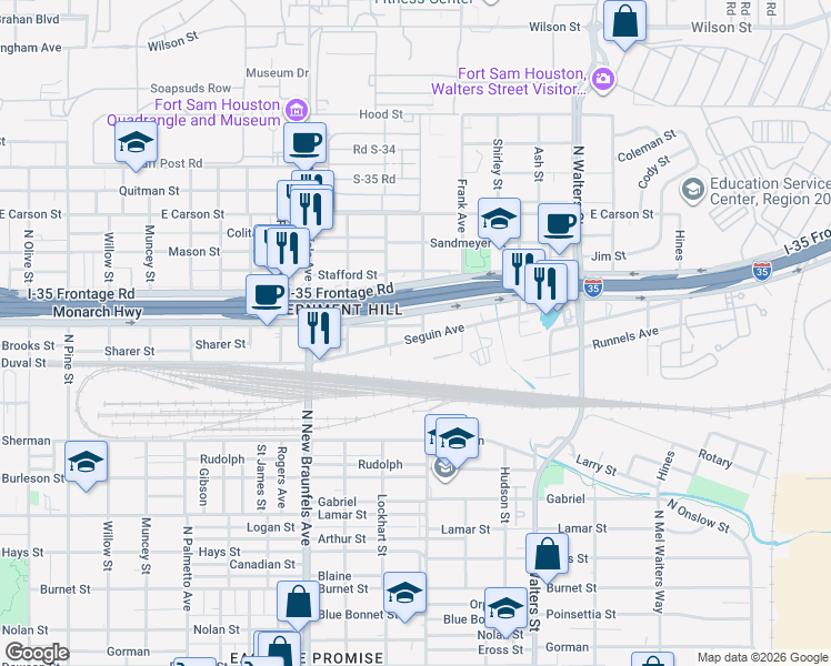 map of restaurants, bars, coffee shops, grocery stores, and more near 331 Seguin Street in San Antonio