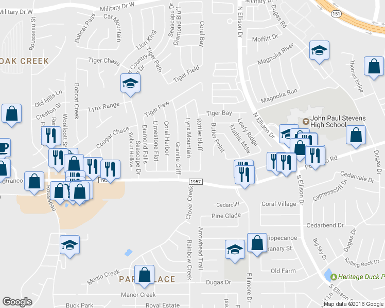 map of restaurants, bars, coffee shops, grocery stores, and more near 538 Lynx Mountain in San Antonio