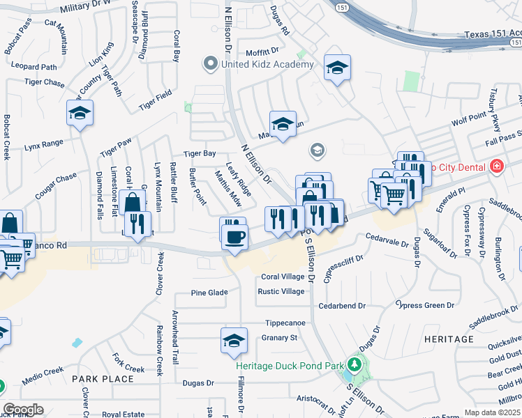 map of restaurants, bars, coffee shops, grocery stores, and more near 10002 Antler Station in San Antonio