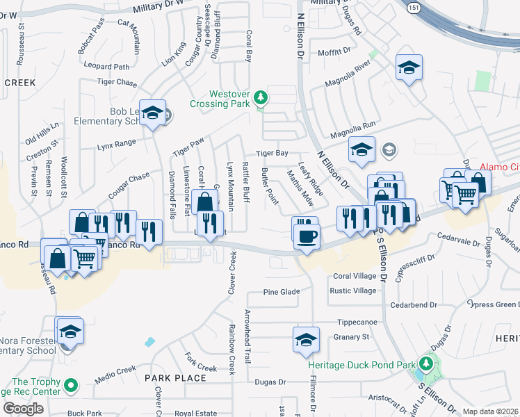 map of restaurants, bars, coffee shops, grocery stores, and more near 611 Moondance Peak in San Antonio