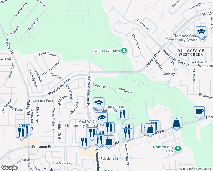 map of restaurants, bars, coffee shops, grocery stores, and more near 12223 Sonni Field in San Antonio