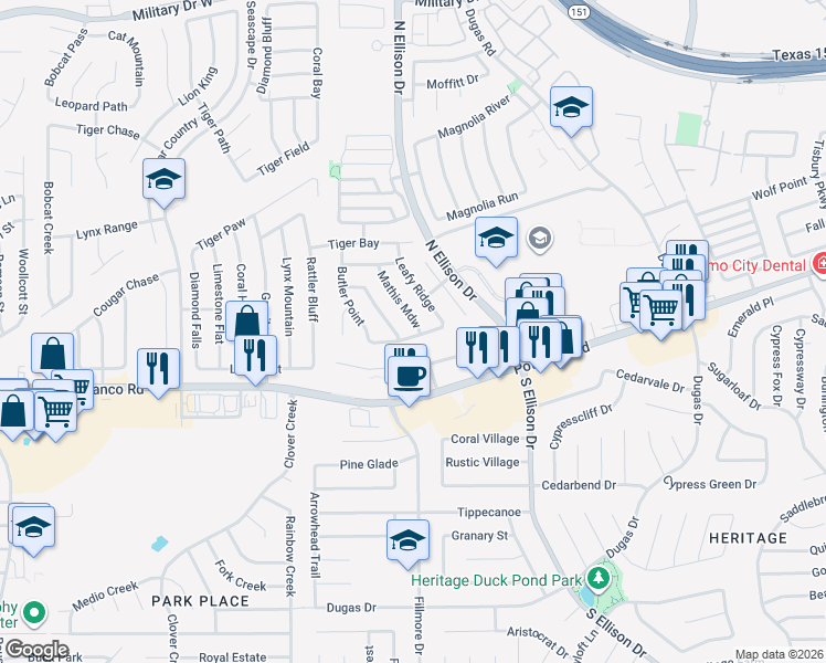 map of restaurants, bars, coffee shops, grocery stores, and more near 503 Mathis Mdw in San Antonio