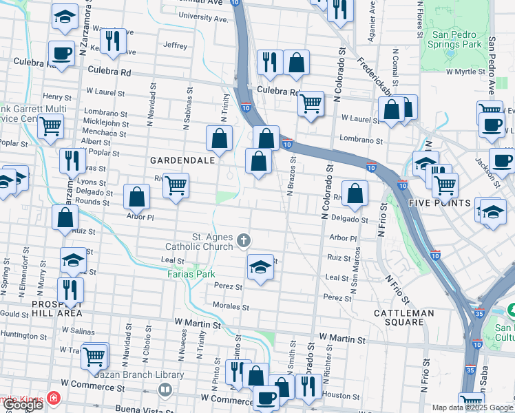map of restaurants, bars, coffee shops, grocery stores, and more near 647 Delgado Street in San Antonio
