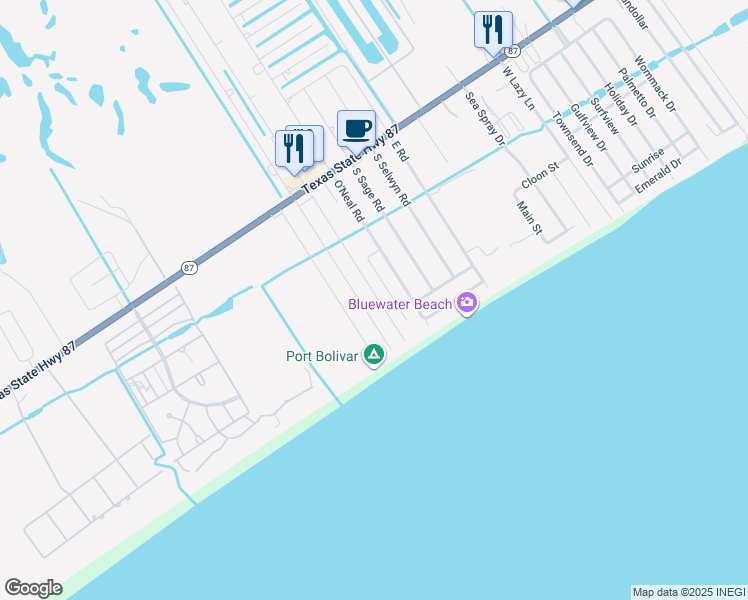 map of restaurants, bars, coffee shops, grocery stores, and more near 872 South Jacks Road in Bolivar Peninsula