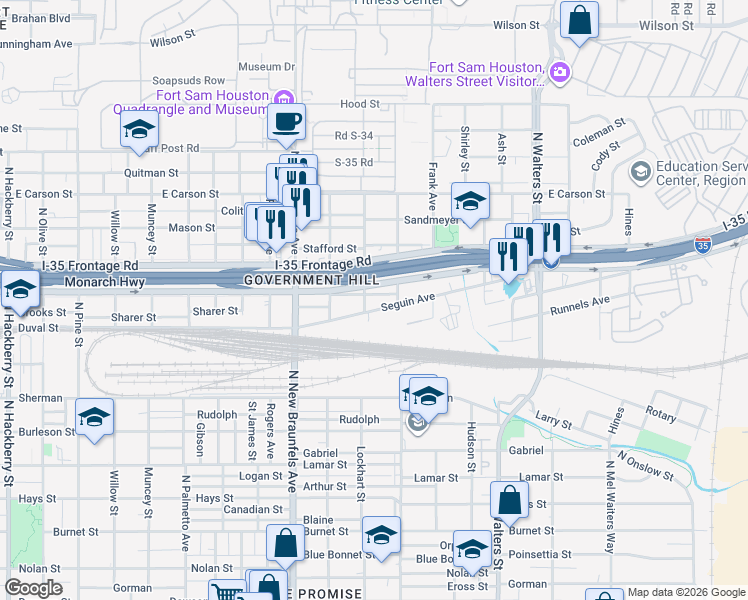 map of restaurants, bars, coffee shops, grocery stores, and more near 331 Seguin Street in San Antonio