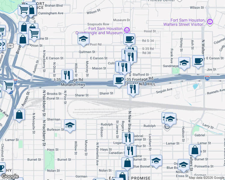 map of restaurants, bars, coffee shops, grocery stores, and more near 2114 Interstate 35 Frontage Road in San Antonio
