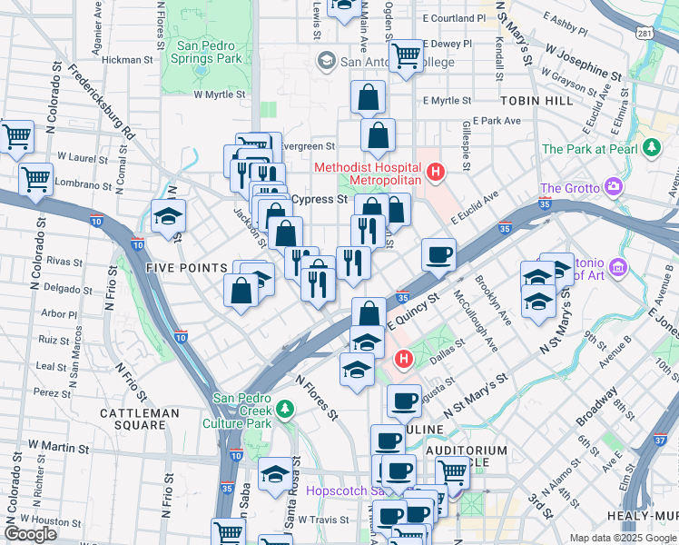 map of restaurants, bars, coffee shops, grocery stores, and more near 217 Howard Street in San Antonio