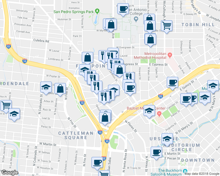 map of restaurants, bars, coffee shops, grocery stores, and more near 404 Warren Street in San Antonio