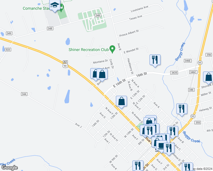 map of restaurants, bars, coffee shops, grocery stores, and more near 201 East 16th Street in Shiner