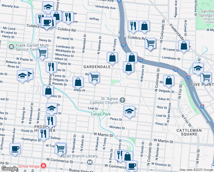 map of restaurants, bars, coffee shops, grocery stores, and more near 806 Delgado Street in San Antonio