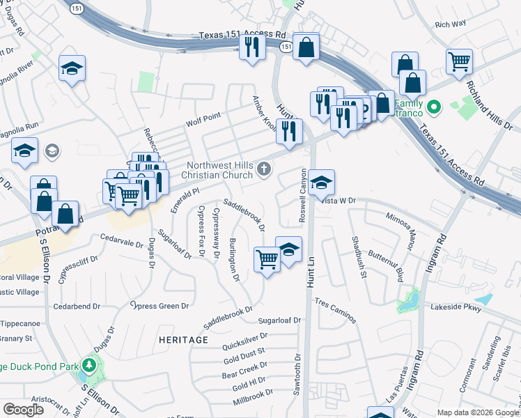 map of restaurants, bars, coffee shops, grocery stores, and more near 218 Canoga Park Drive in San Antonio