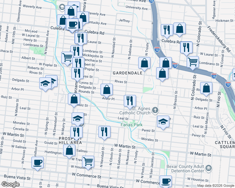 map of restaurants, bars, coffee shops, grocery stores, and more near 227 Rounds Street in San Antonio