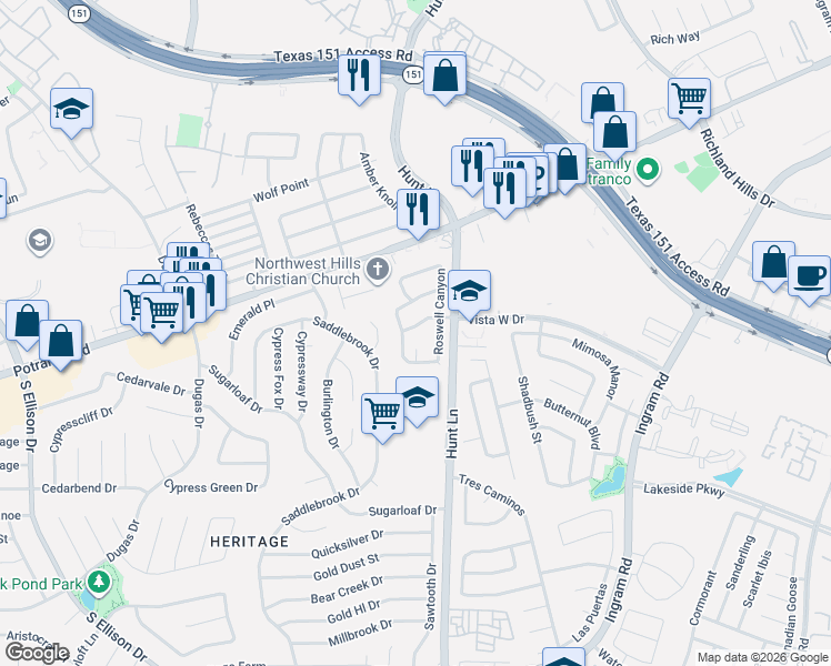 map of restaurants, bars, coffee shops, grocery stores, and more near 9422 Santa Fe Ridge in San Antonio