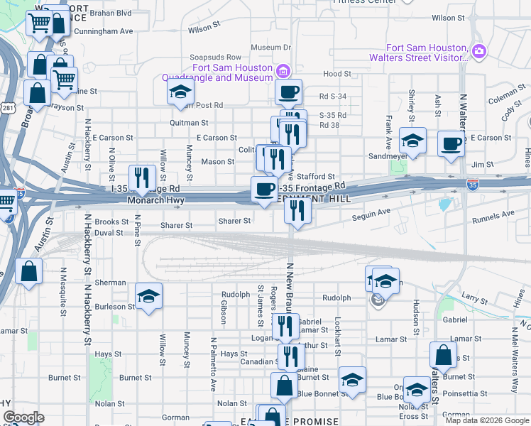 map of restaurants, bars, coffee shops, grocery stores, and more near 2114 Interstate 35 Frontage Road in San Antonio
