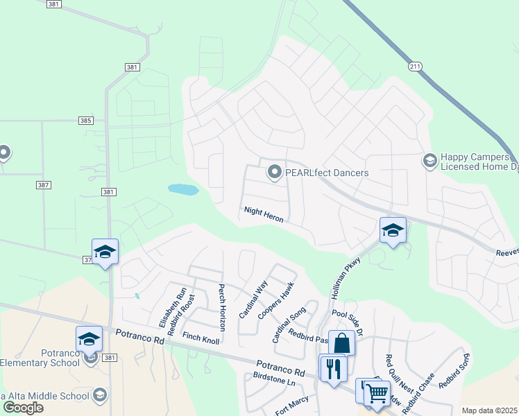 map of restaurants, bars, coffee shops, grocery stores, and more near 15555 Night Heron in San Antonio