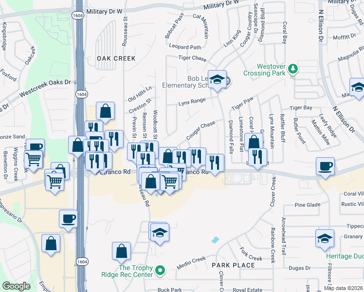 map of restaurants, bars, coffee shops, grocery stores, and more near 430 Granite Bay in San Antonio