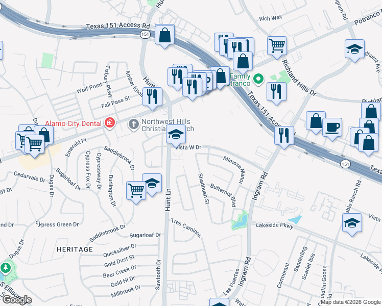 map of restaurants, bars, coffee shops, grocery stores, and more near 103 Shadbush Street in San Antonio