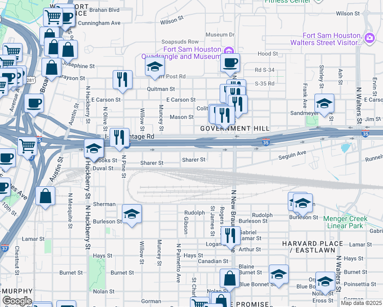 map of restaurants, bars, coffee shops, grocery stores, and more near 1950 North PanAm Expressway in San Antonio
