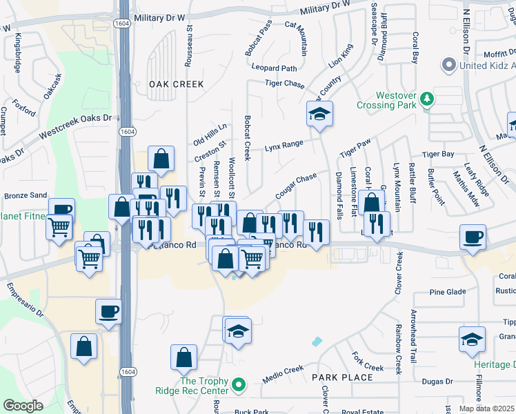 map of restaurants, bars, coffee shops, grocery stores, and more near 10811 Cougar Chase in San Antonio