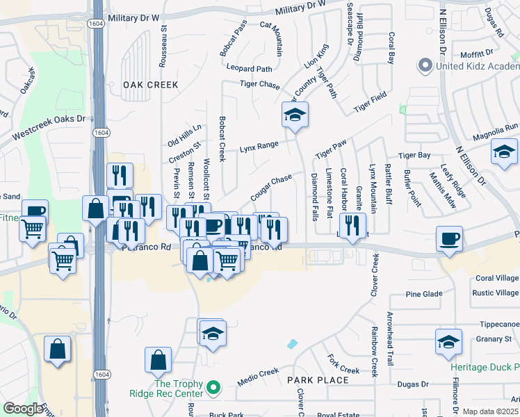 map of restaurants, bars, coffee shops, grocery stores, and more near 434 Leopard Claw in San Antonio
