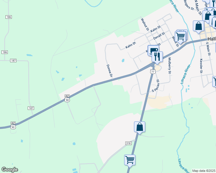 map of restaurants, bars, coffee shops, grocery stores, and more near 825 Fairwinds Street in Hallettsville