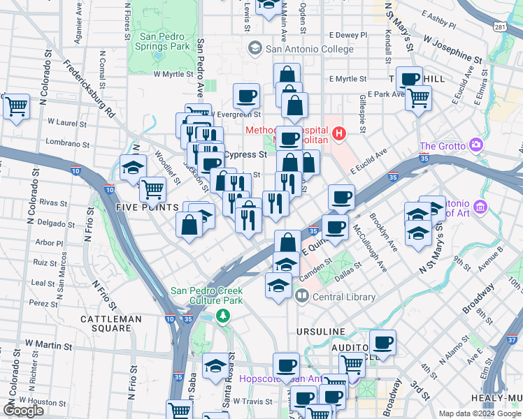 map of restaurants, bars, coffee shops, grocery stores, and more near 217 Howard Street in San Antonio