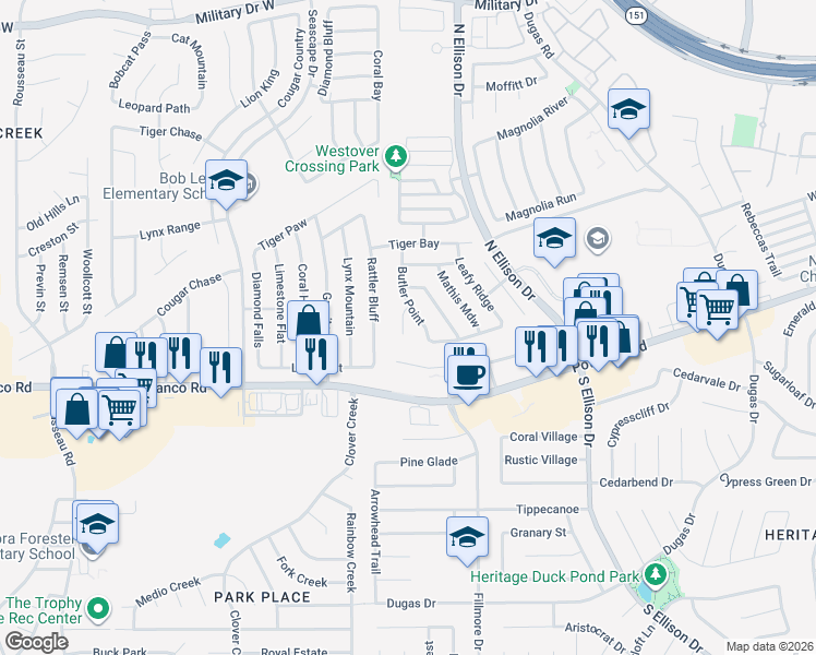 map of restaurants, bars, coffee shops, grocery stores, and more near 611 Moondance Peak in San Antonio