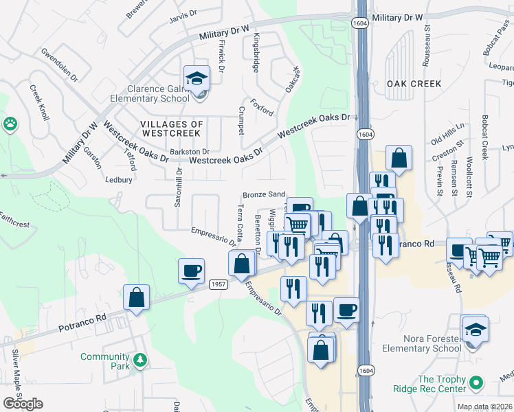map of restaurants, bars, coffee shops, grocery stores, and more near 435 Layback Creek in San Antonio