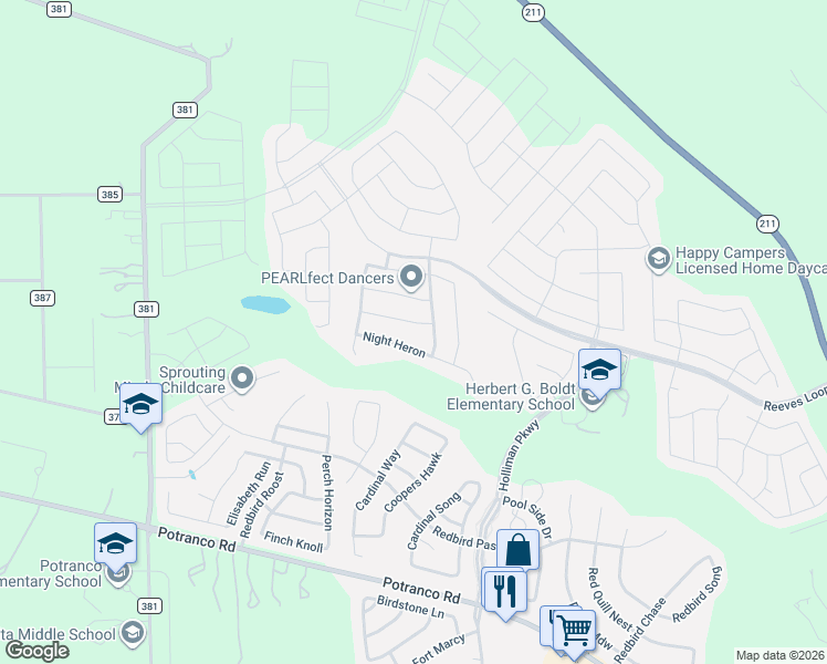 map of restaurants, bars, coffee shops, grocery stores, and more near 1510 Gray Catbird in San Antonio
