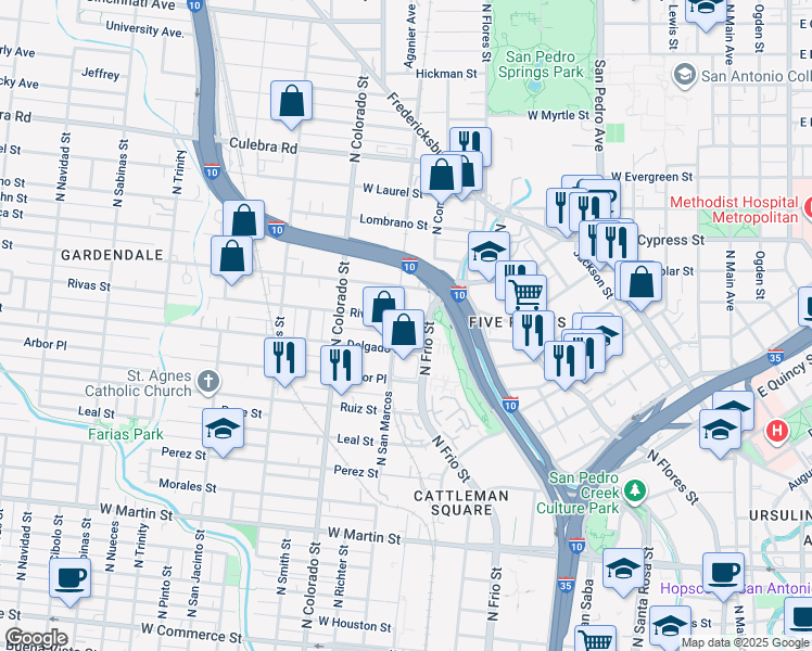 map of restaurants, bars, coffee shops, grocery stores, and more near 1200 North Frio Street in San Antonio