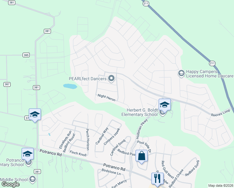 map of restaurants, bars, coffee shops, grocery stores, and more near 1510 Gray Catbird in San Antonio