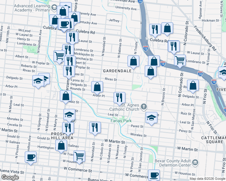 map of restaurants, bars, coffee shops, grocery stores, and more near 227 Rounds Street in San Antonio