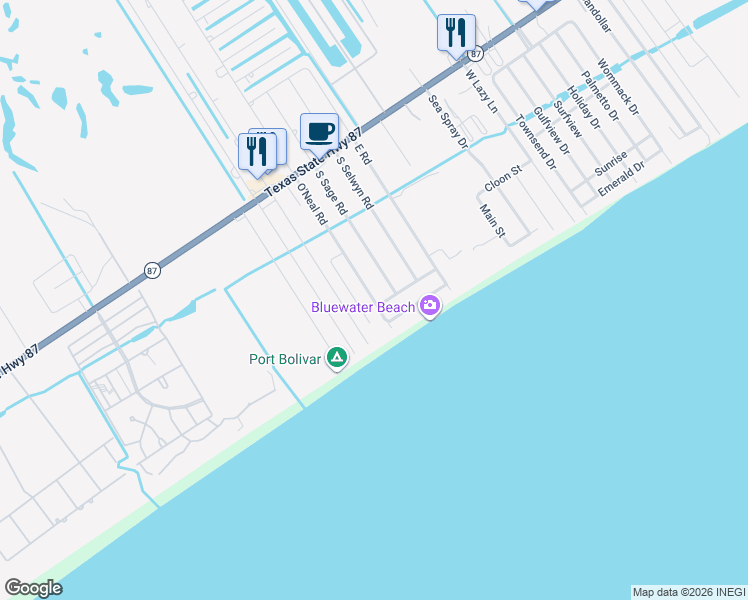 map of restaurants, bars, coffee shops, grocery stores, and more near 1110 Gulfview Road in Bolivar Peninsula