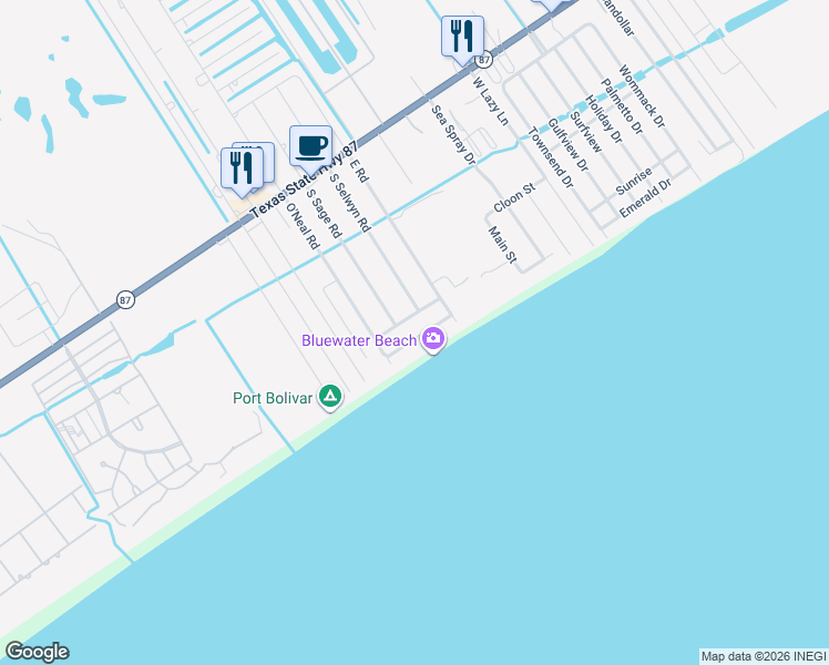map of restaurants, bars, coffee shops, grocery stores, and more near 1122 Blue Water Drive in Bolivar Peninsula