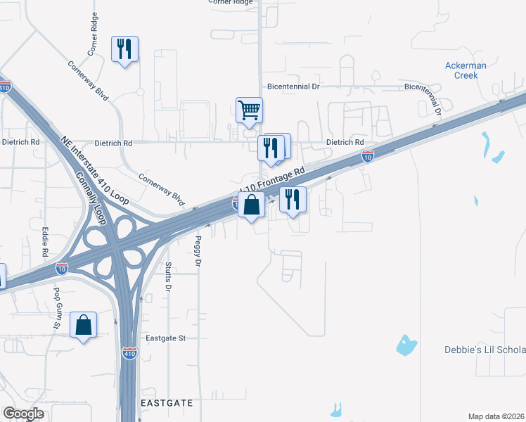 map of restaurants, bars, coffee shops, grocery stores, and more near 5510 Interstate 10 in San Antonio