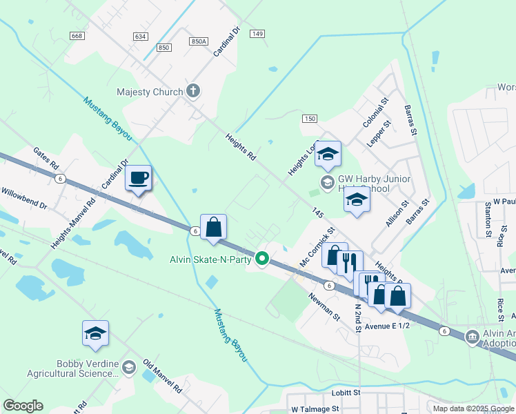 map of restaurants, bars, coffee shops, grocery stores, and more near 1671 Morgan Trail Drive in Alvin