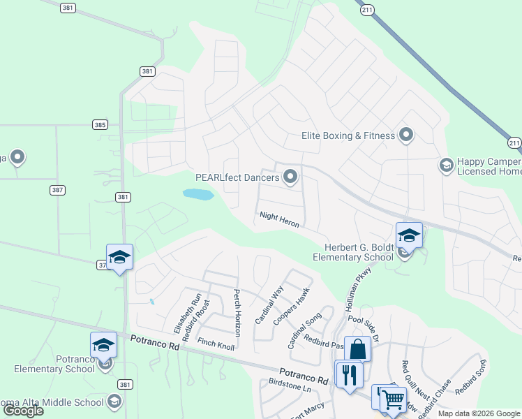 map of restaurants, bars, coffee shops, grocery stores, and more near 419 Fly Catcher in San Antonio