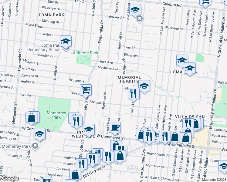 map of restaurants, bars, coffee shops, grocery stores, and more near 431 Park Plaza in San Antonio