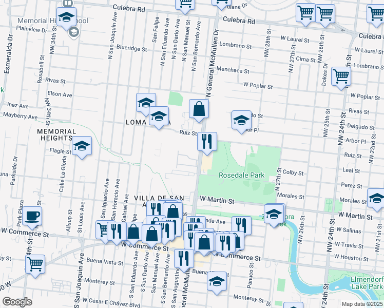 map of restaurants, bars, coffee shops, grocery stores, and more near 411 North General McMullen Drive in San Antonio
