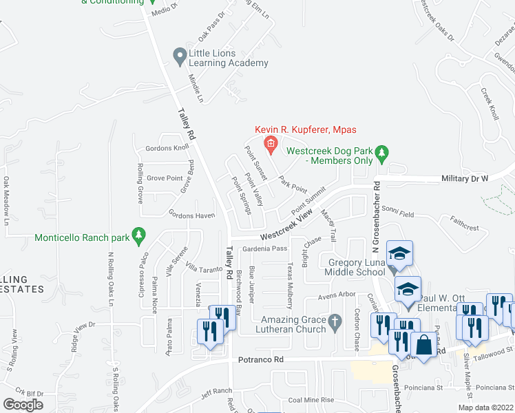 map of restaurants, bars, coffee shops, grocery stores, and more near 511 Point Valley in San Antonio